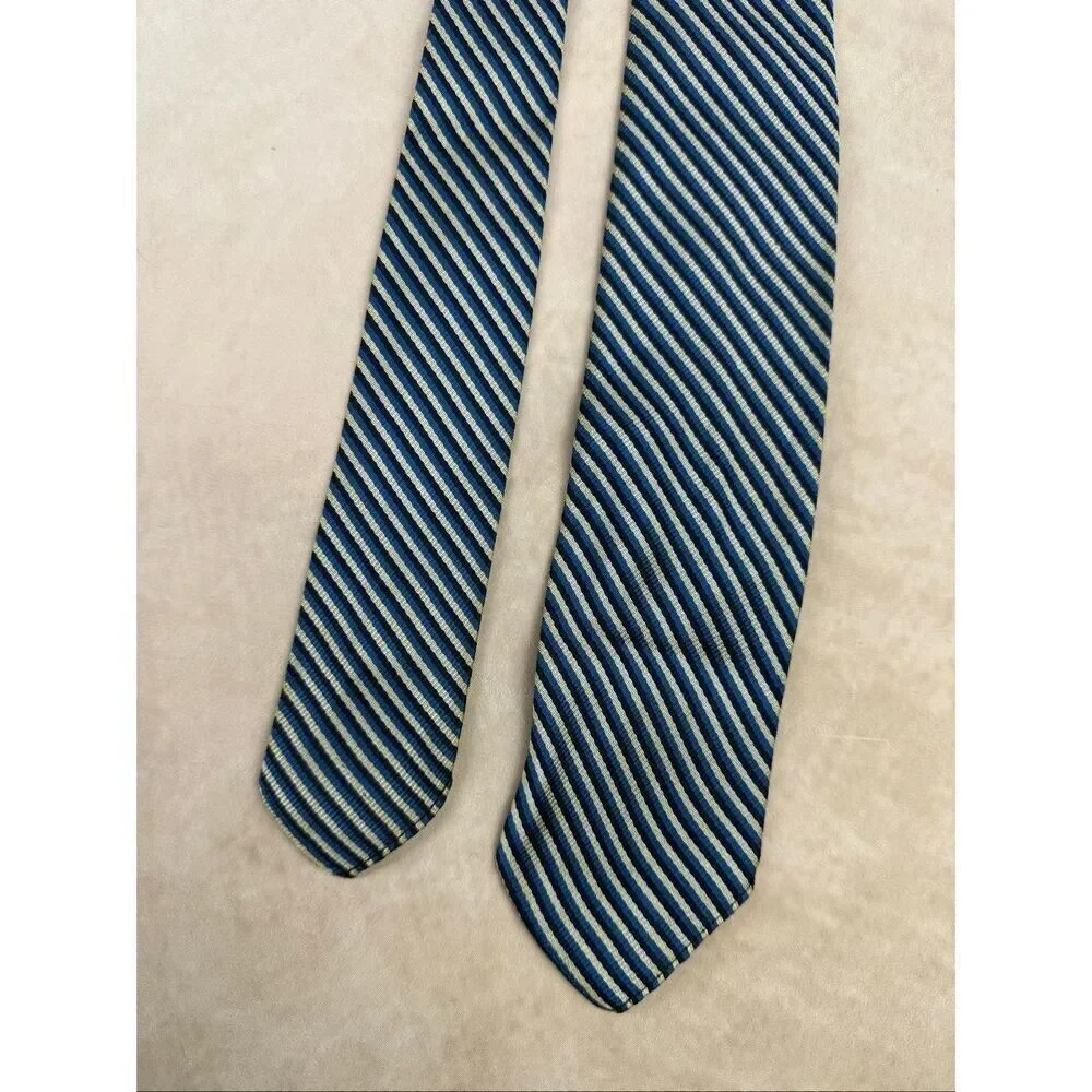 Vintage 1960s Men’s Neck Tie 100% Silk Blue Silver Stripe  Mad Men Mod MCM